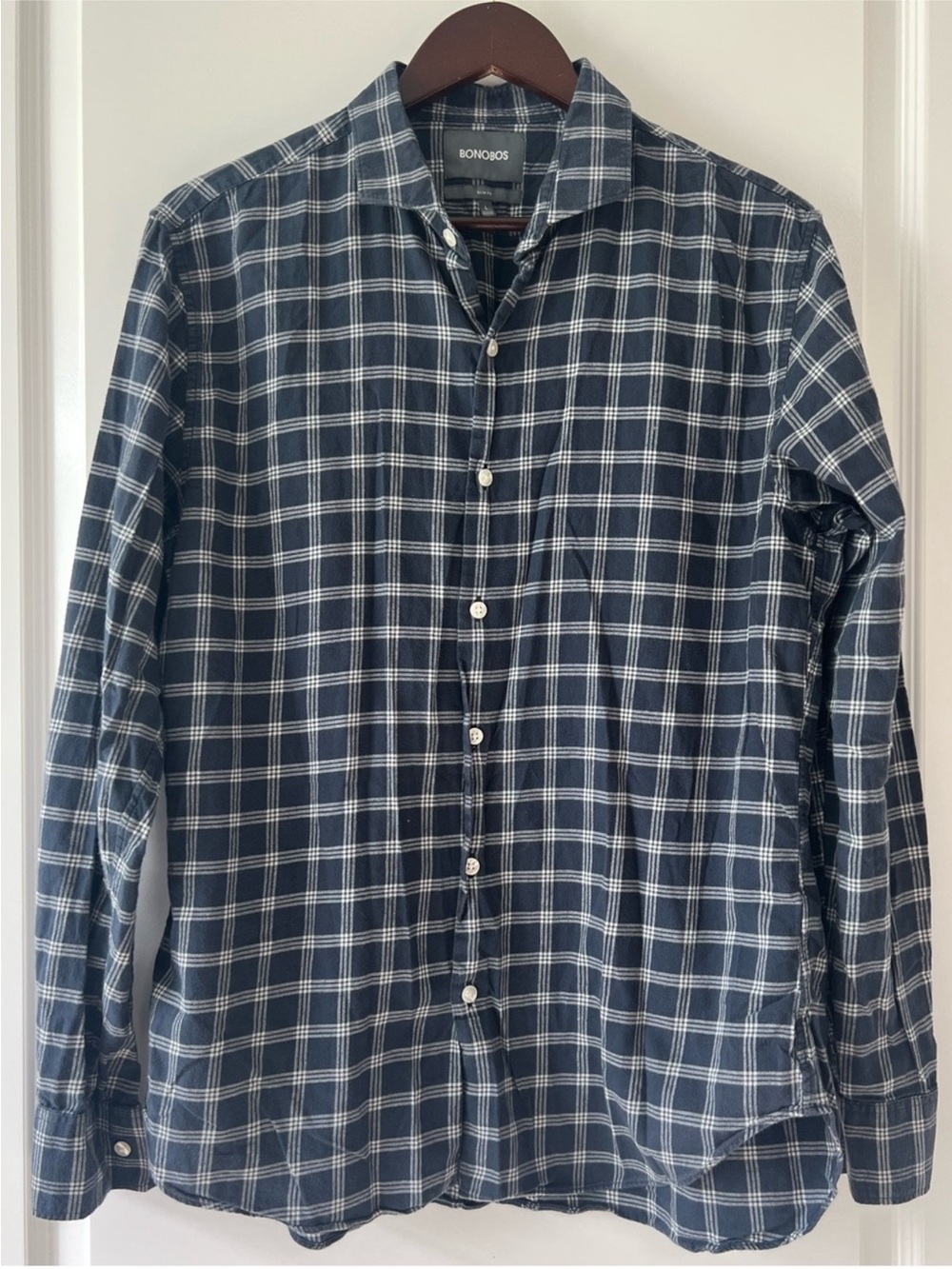 Bonobos Men's Large Slim Fit Dark Navy Blue White Plaid Long Sleeve Button Shirt